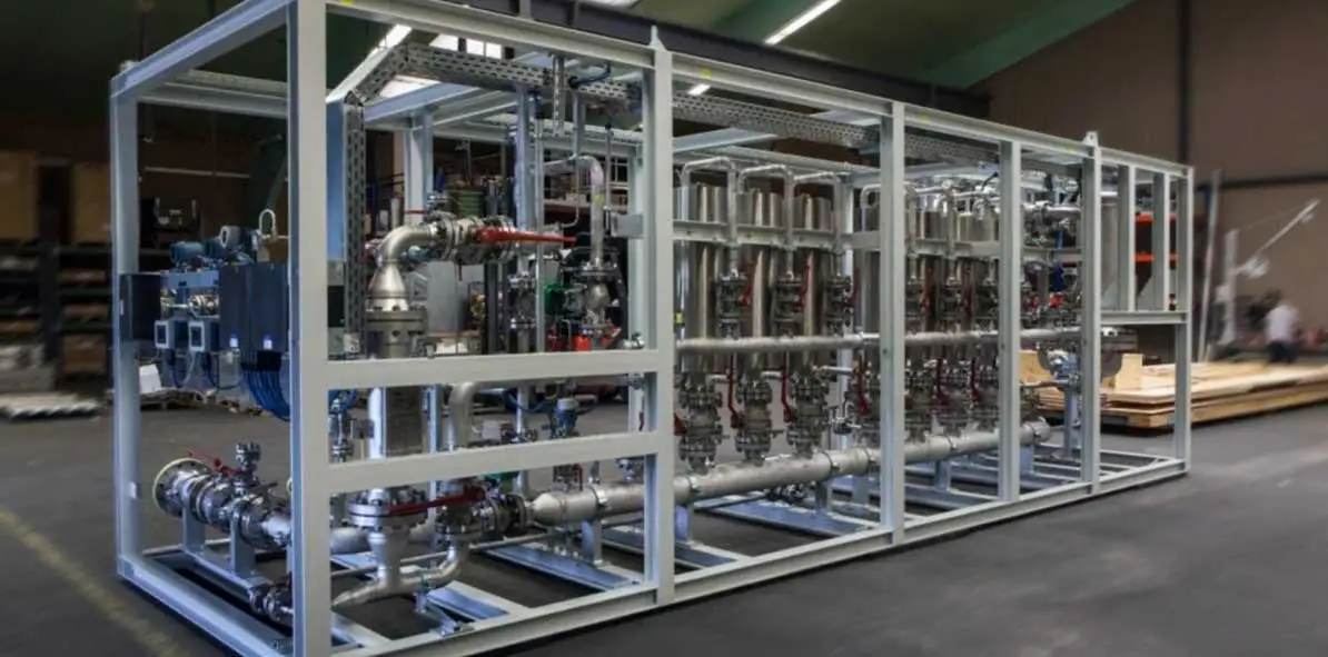 A skid-mounted vapour recovery unit, pre-assembled before delivery